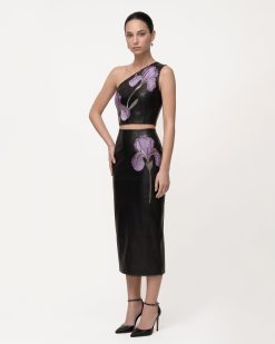 Alternative view of Iris Floral-Print High Waist Pencil Leather Midi Skirt - Black