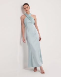 Pleated Cross-Halter Satin Maxi Dress - Dusty Blue