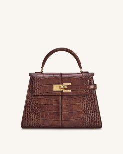 Elise Large Croc-Embossed Top Handle Bag - Chestnut Brown