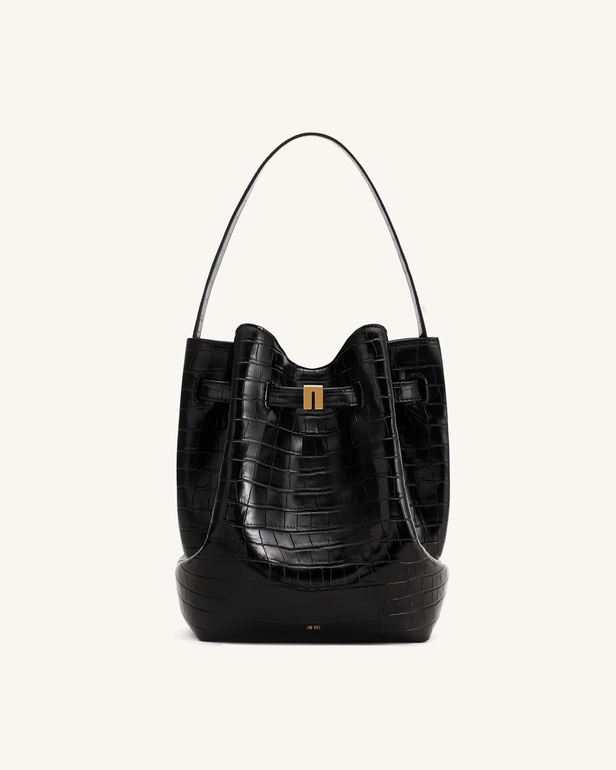 Clara Lock Accent Bucket Shoulder Bag - Black Croc