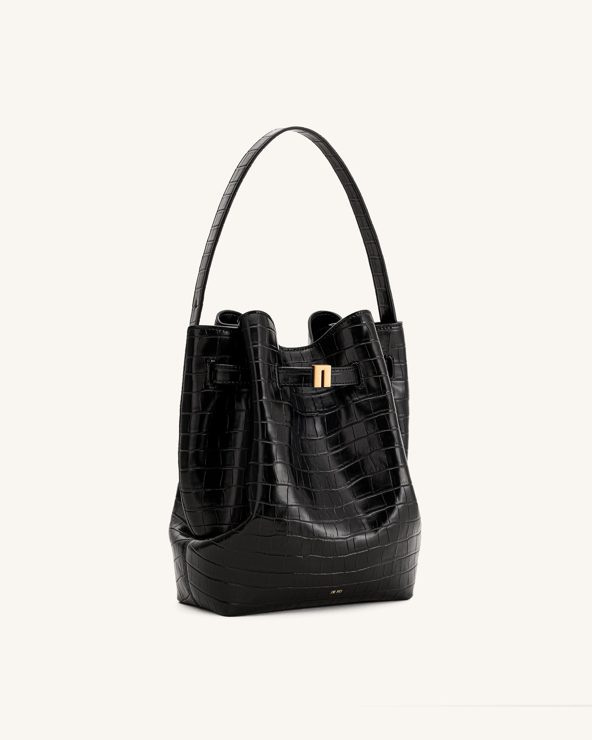 Clara Lock Accent Bucket Shoulder Bag - Black Croc - Image 2