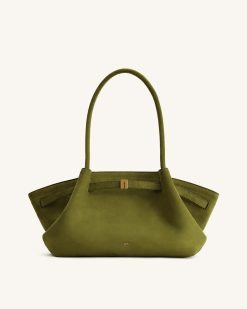 Hana Wide Faux Suede Tote Bag - Olive Green