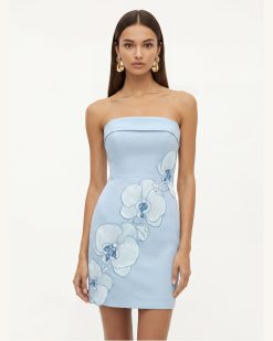 Orchid Embroidered Strapless Sheath Midi Dress - Light Blue