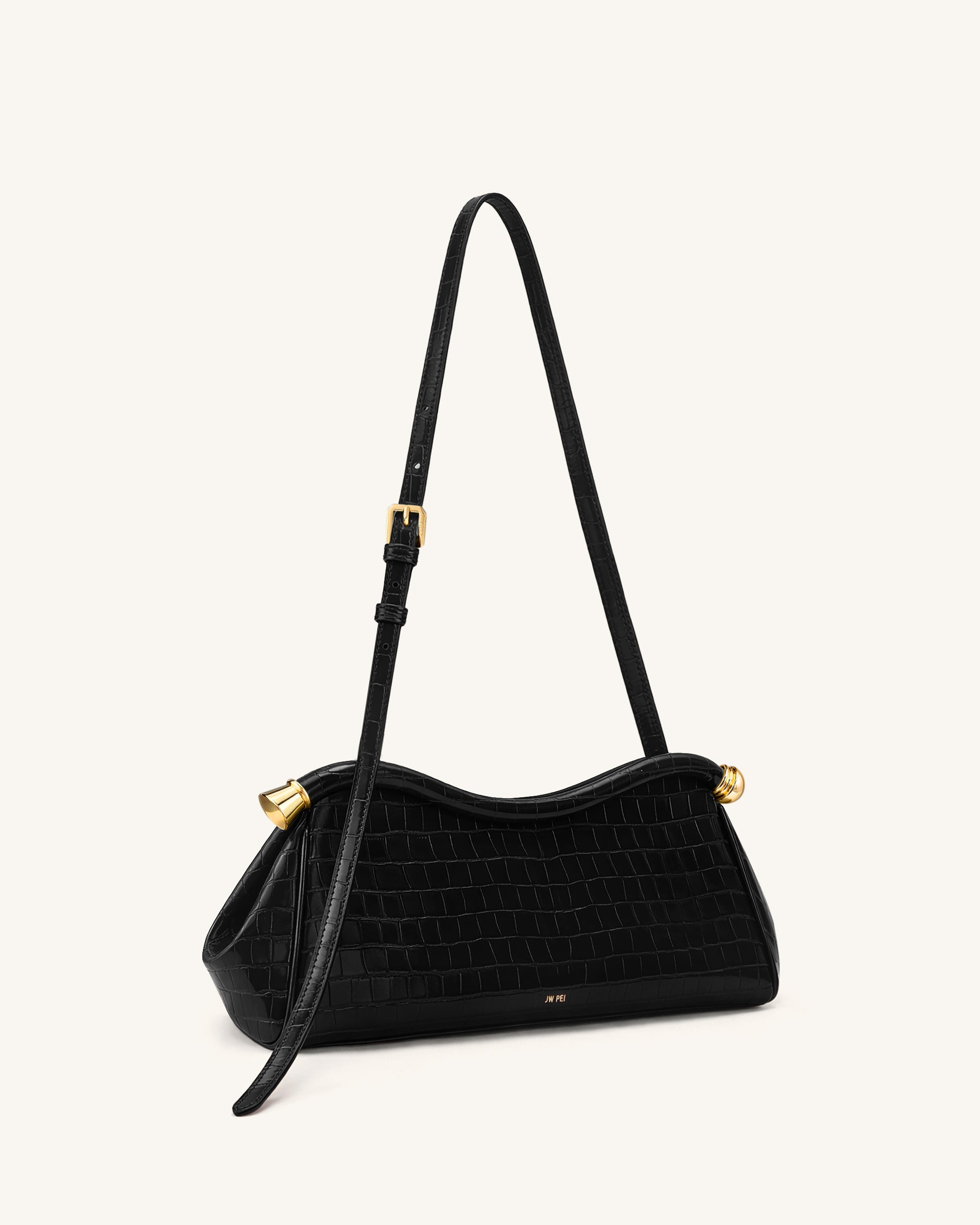 Naomi Curved Shoulder Bag - Black Croc - Image 2