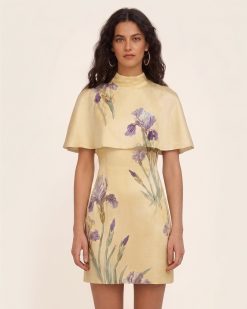 Iris Print Cape Overlay Mini Dress - Soft Yellow