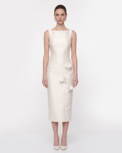 Floral Appliqué Sleeveless Midi Dress - White