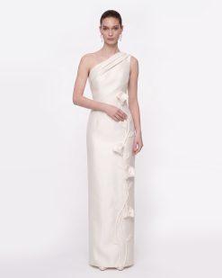 Floral Appliqué One-Shoulder Maxi Dress - White