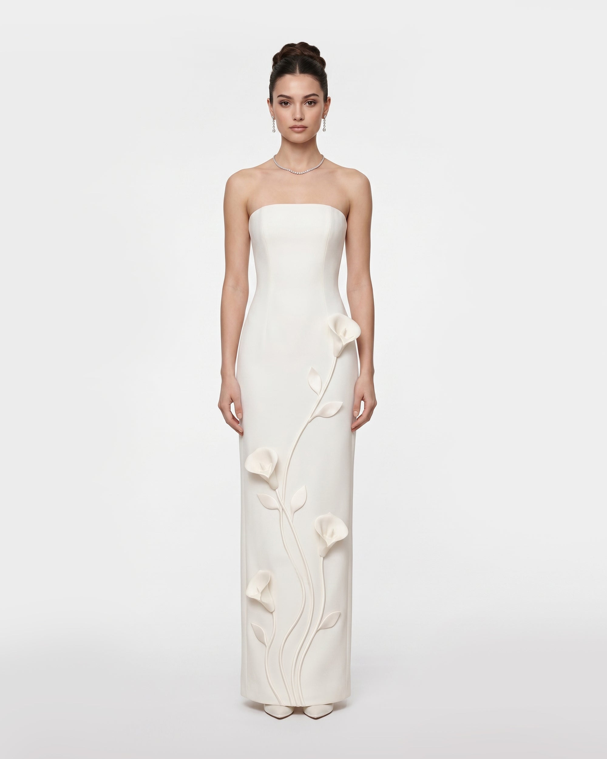 Floral Appliqué Strapless Column Dress - White