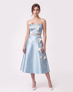 Floral Appliqué Satin Midi Skirt - Light Blue