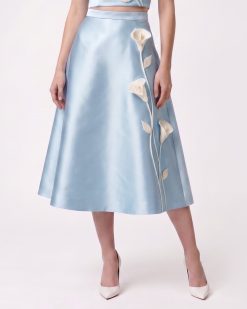 Alternative view of Floral Appliqué Satin Midi Skirt - Light Blue