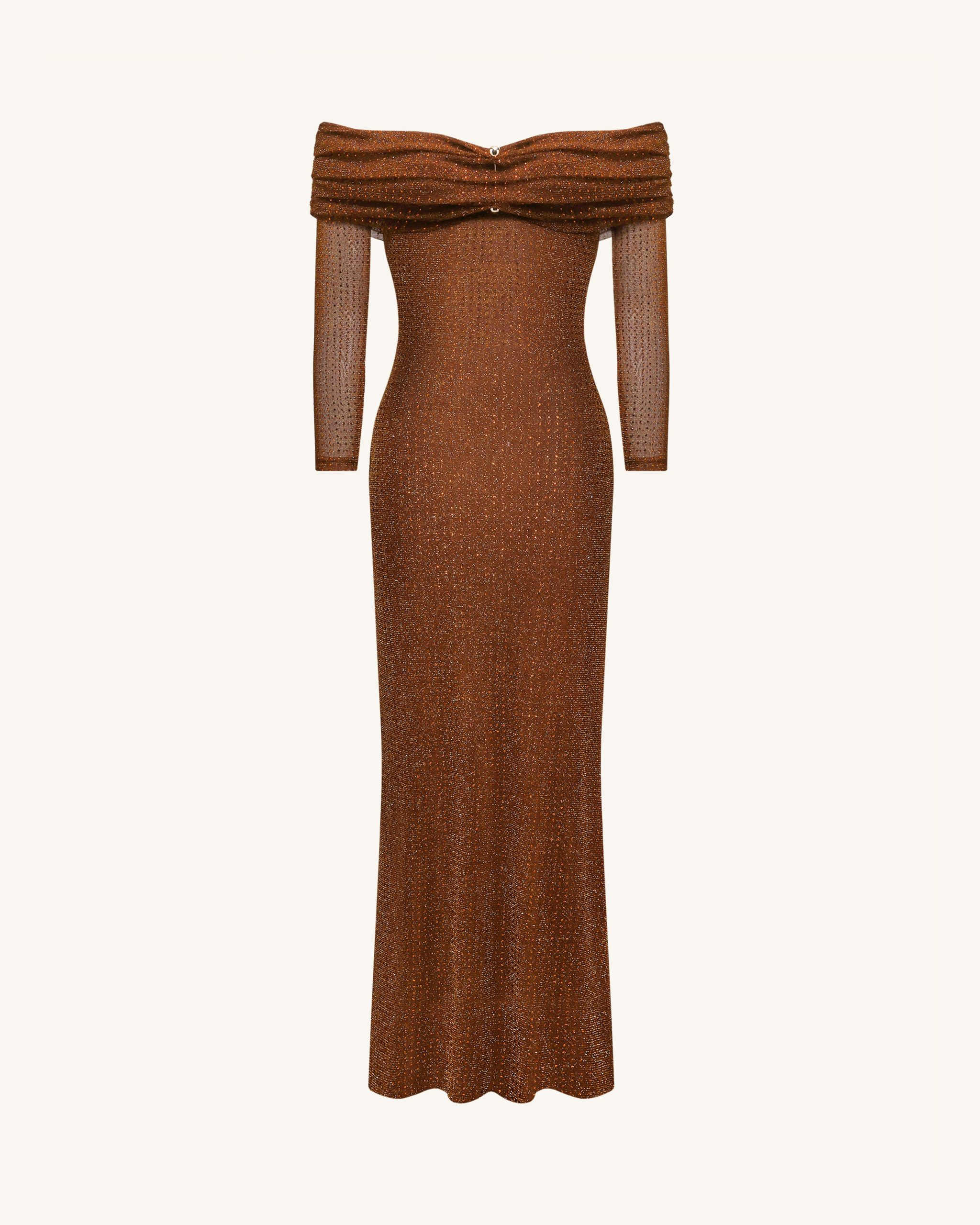 Rhinestone Mesh Off-Shoulder Maxi Dress - Brown - Image 4