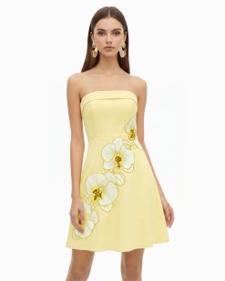 Orchid Embroidered Strapless A-Line Midi Dress - Pale Yellow