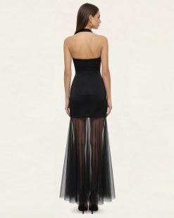 Alternative view of Orchid Embroidered Sheer Hem Halter Maxi Dress-  Black Purple