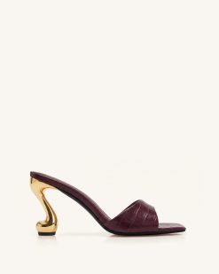 Hannah Croc-Embossed Heel Mules - Burgundy
