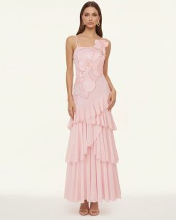Orchid Embroidered Ruffled One-Shoulder Maxi Dress - Blush Pink