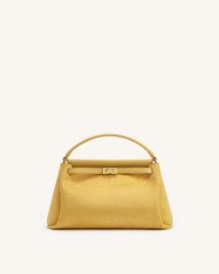 Carmen Faux Suede Croc-Embossed Top Handle Bag - Yellow