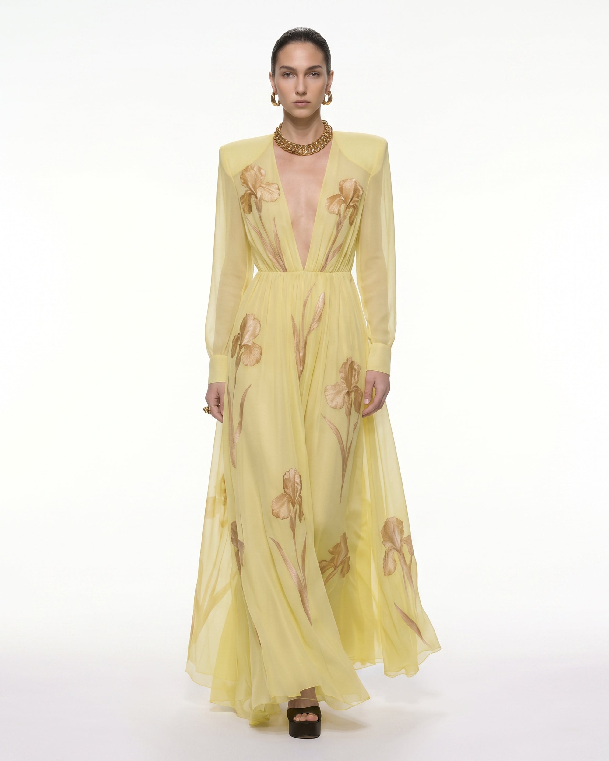 Iris Floral Print Long-Sleeve Sheer Gown - Yellow