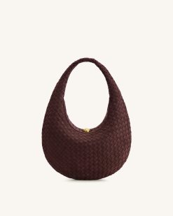 Nola Faux Suede Woven Hobo Shoulder Bag - Dark Mocha