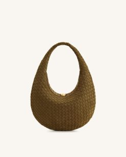 Nola Faux Suede Woven Hobo Shoulder Bag - Olive Green