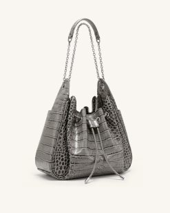 Alternative view of Rowan Ruched Drawstring Chain Bucket Bag - Grey Croc