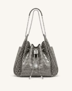 Rowan Ruched Drawstring Chain Bucket Bag - Grey Croc