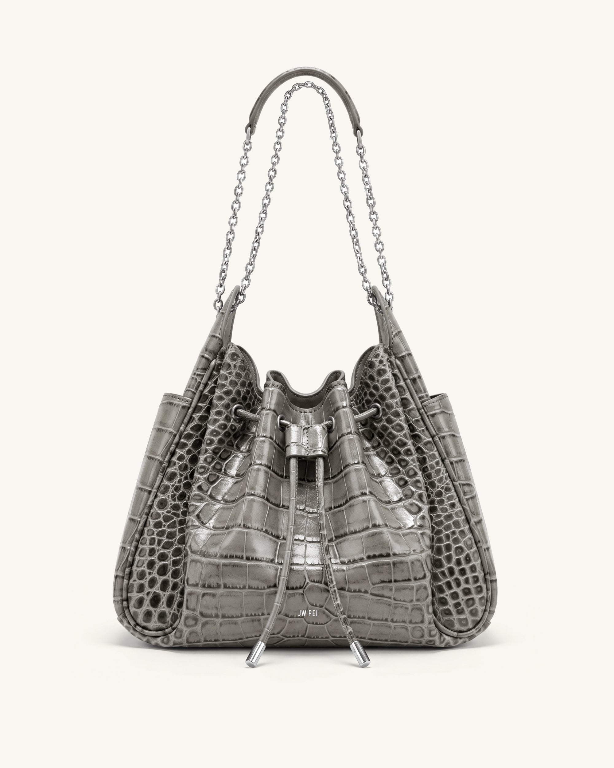 Rowan Ruched Drawstring Chain Bucket Bag - Grey Croc