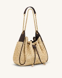 Alternative view of Rowan Faux Straw Ruched Drawstring Chain Bucket Bag - Brown