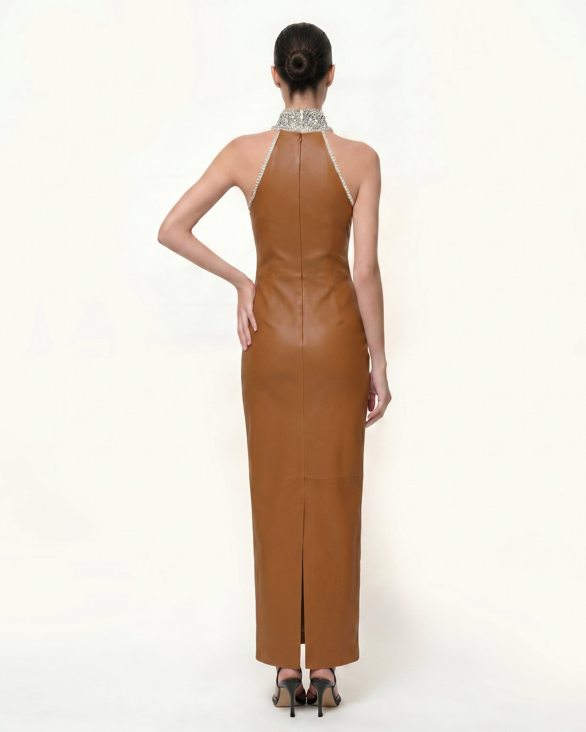 Jeweled High Neck Halter Maxi Dress - Caramel Brown - Image 2