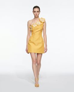 Floral Appliqué One Shoulder Mini Dress - Yellow