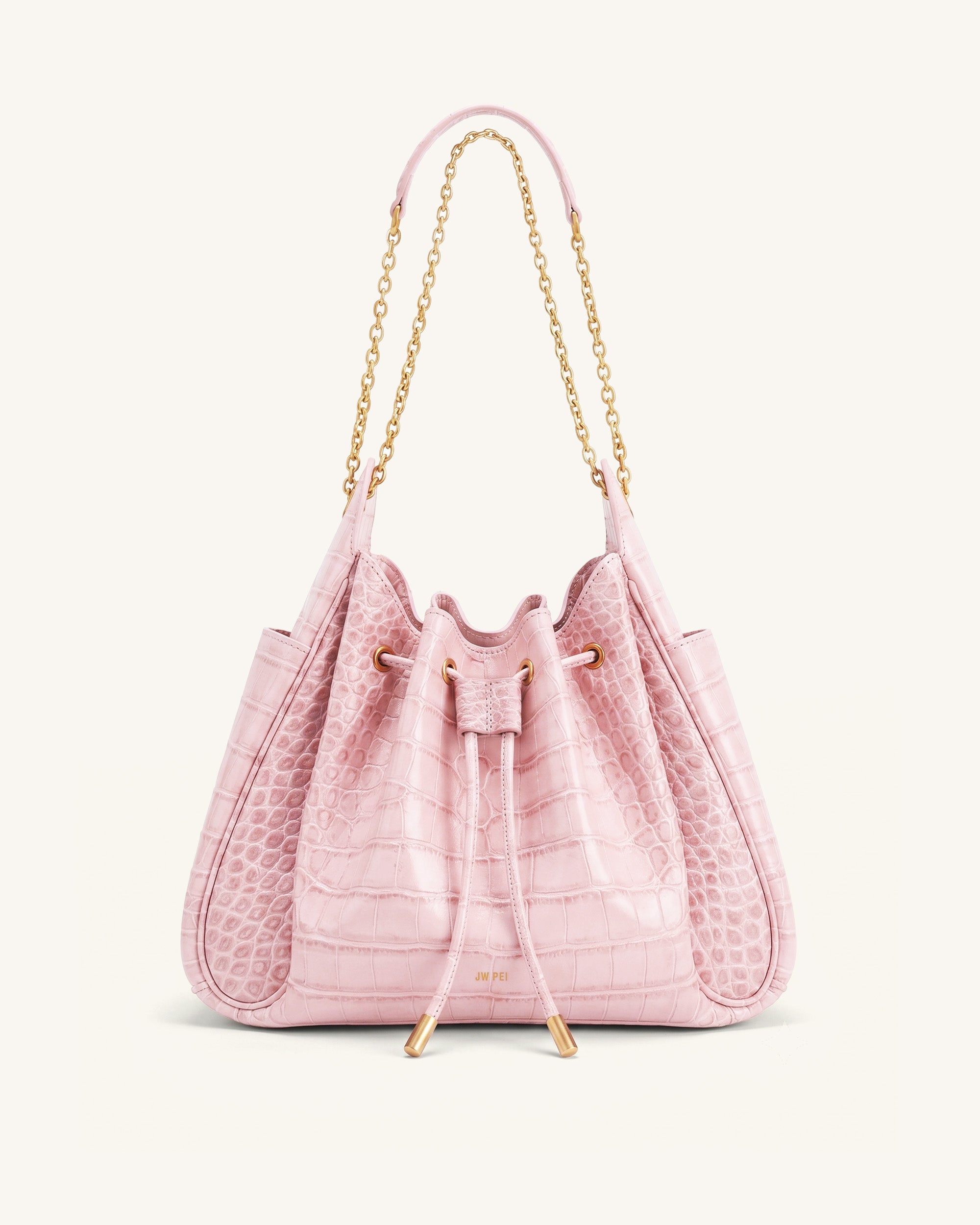 Rowan Ruched Drawstring Chain Bucket Bag - Pink Croc