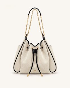 Rowan Ruched Drawstring Chain Bucket Bag - Black Canvas