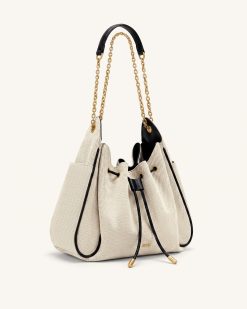 Alternative view of Rowan Ruched Drawstring Chain Bucket Bag - Black Canvas