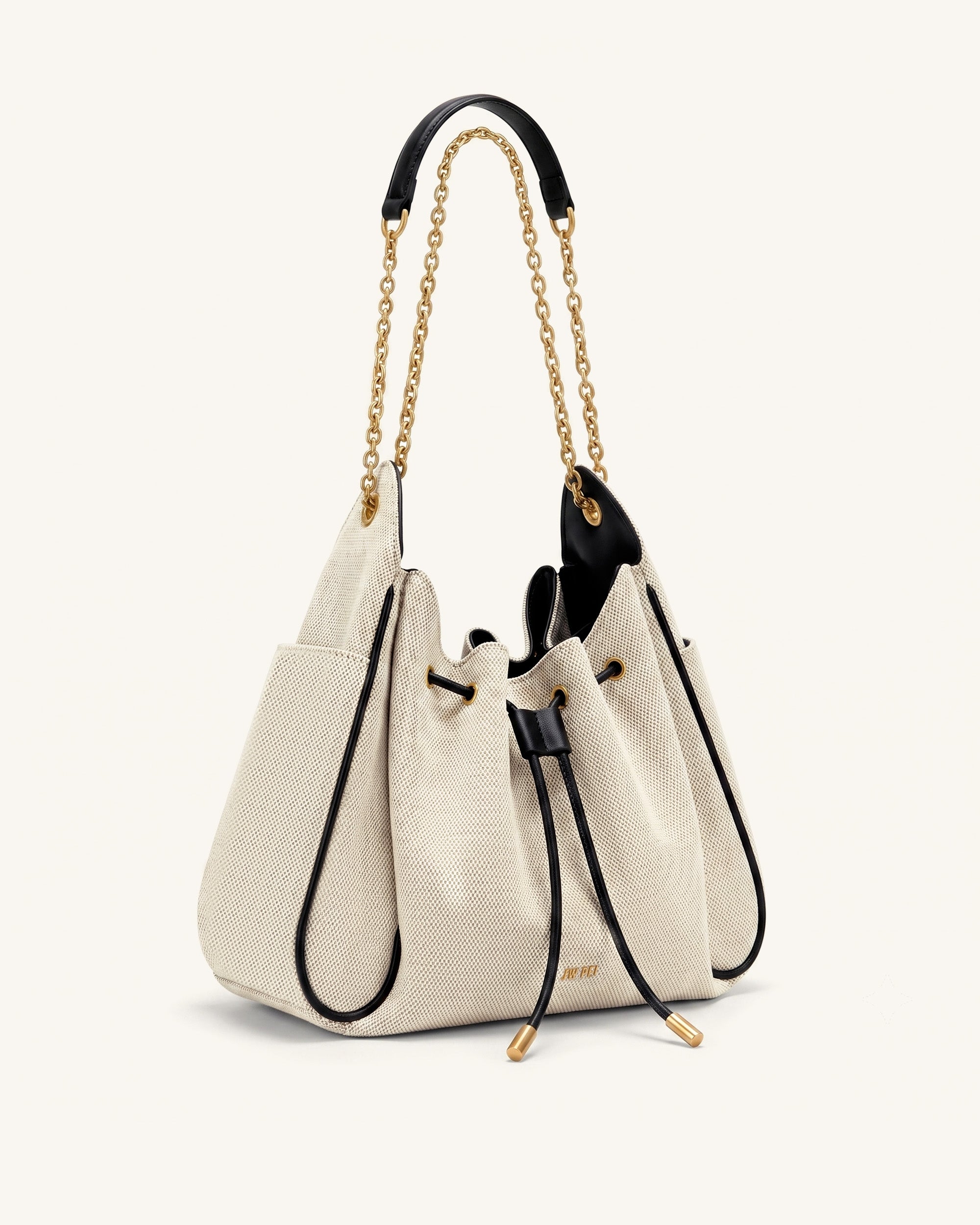 Rowan Ruched Drawstring Chain Bucket Bag - Black Canvas - Image 2