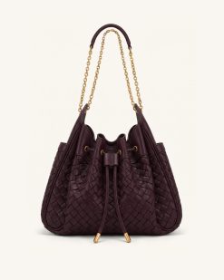 Rowan Weaving Ruched Drawstring Chain Bucket Bag - Dark Cherry