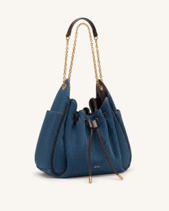 Alternative view of Rowan Ruched Drawstring Chain Bucket Bag - Dark Blue Denim