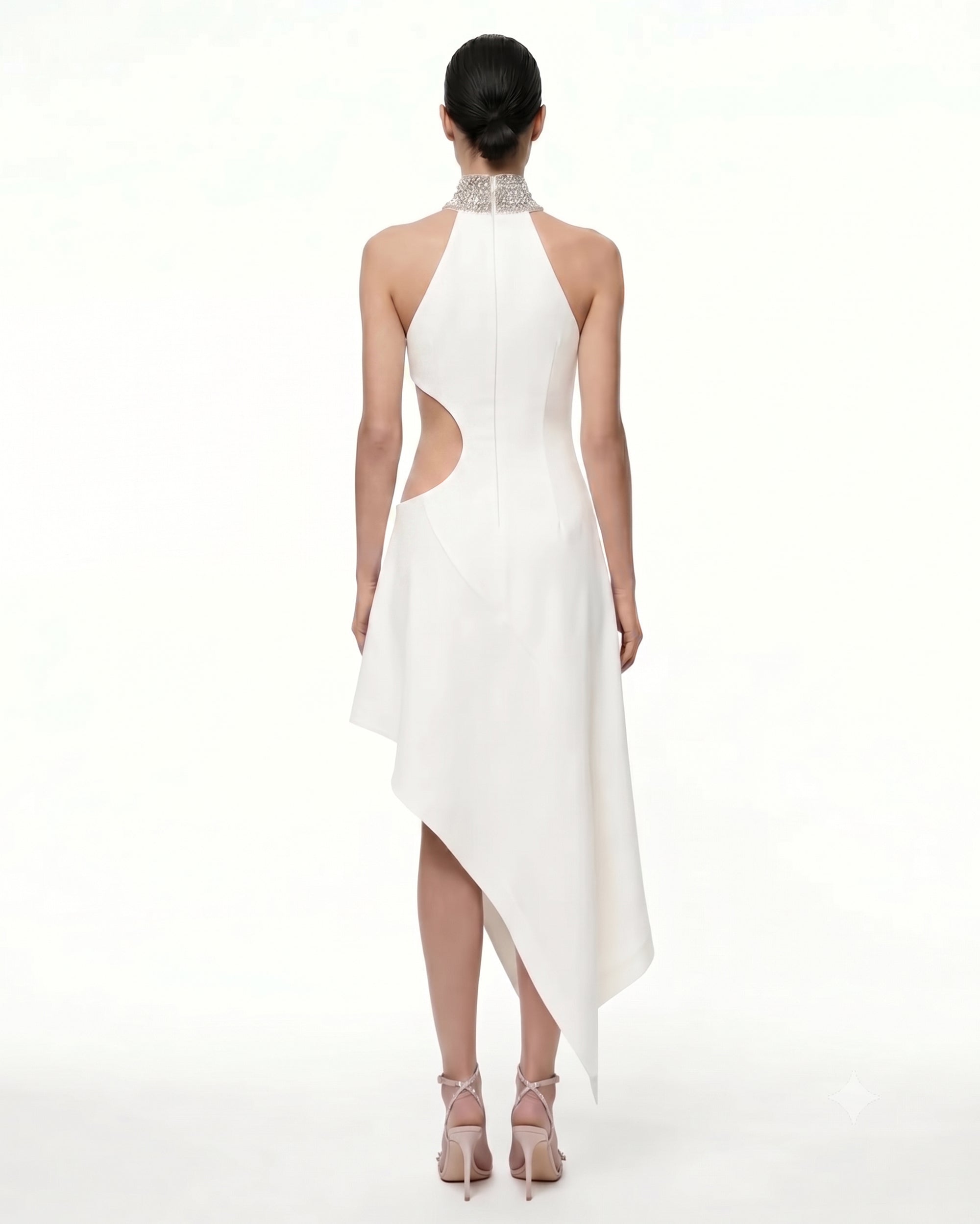 Jeweled Floral Cutout High Neck Dress - White - Image 2