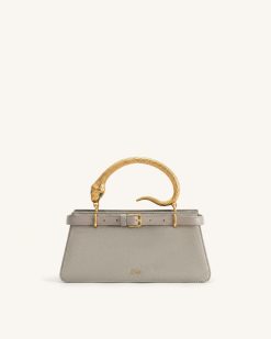Elena Snake Handle Faux Suede Top Handle Bag - Taupe