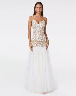 Floral Appliqué Sheer Tulle Maxi Dress - White
