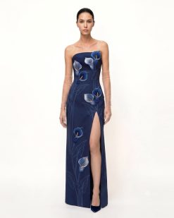 Calla Lily Strapless Slit Column Maxi Dress - Navy