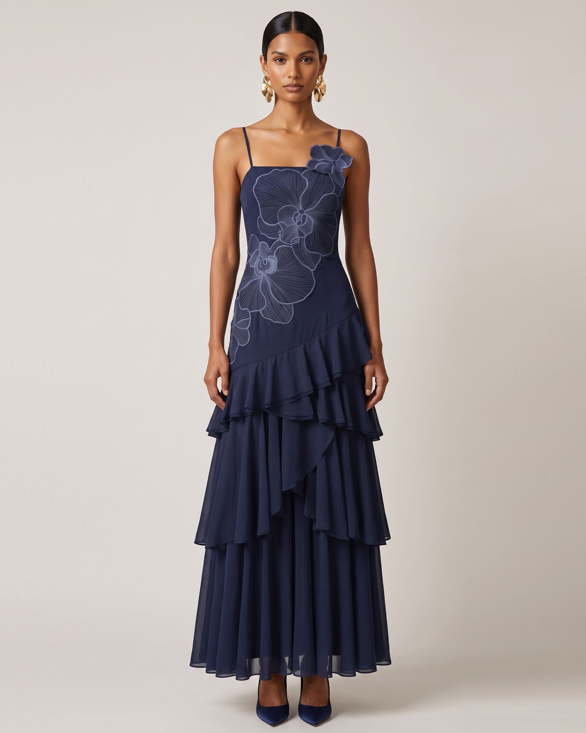 Orchid Embroidered Ruffled One-Shoulder Maxi Dress - Navy