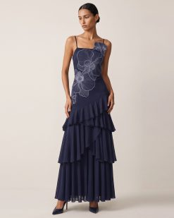 Alternative view of Orchid Embroidered Ruffled One-Shoulder Maxi Dress - Navy