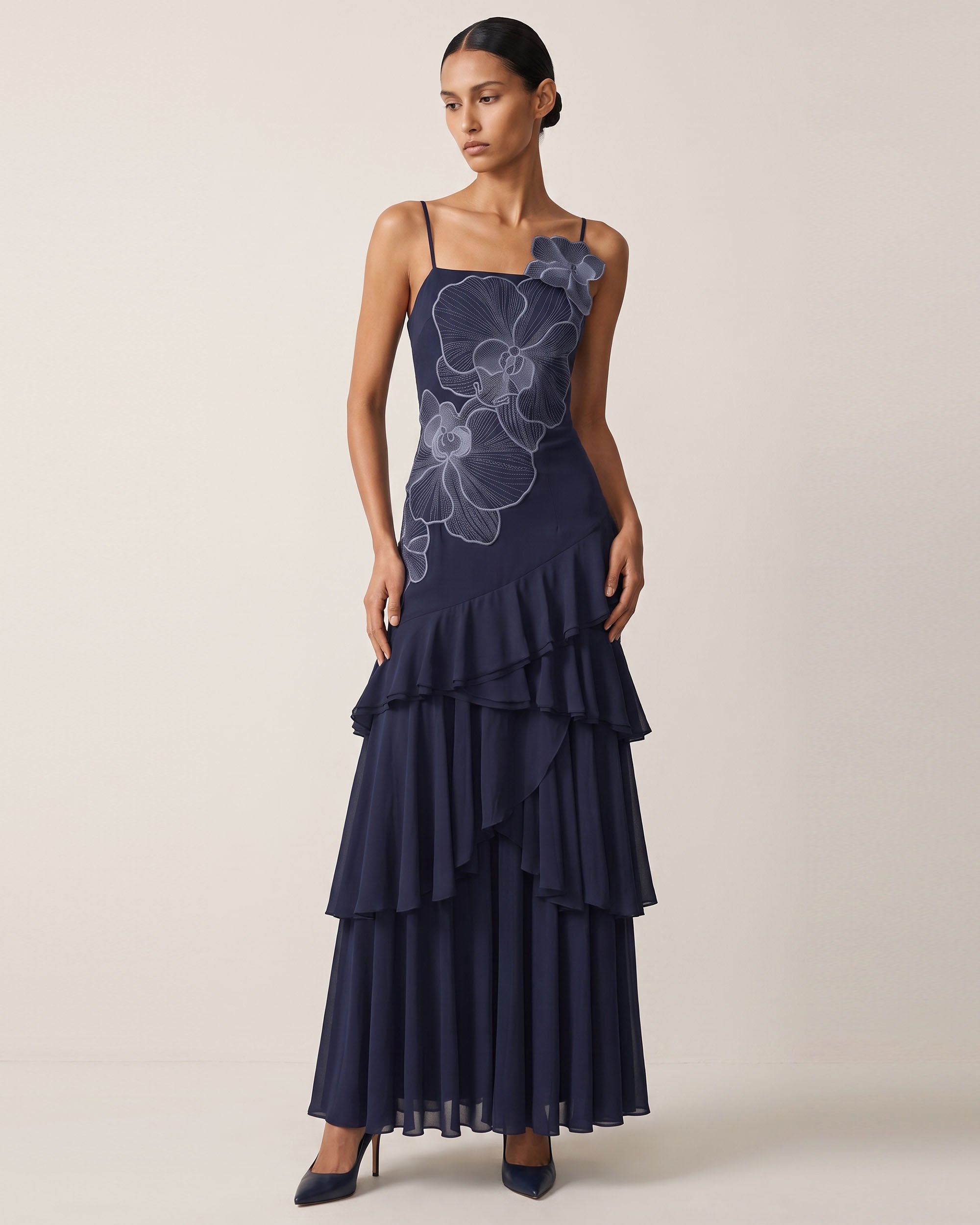 Orchid Embroidered Ruffled One-Shoulder Maxi Dress - Navy - Image 2