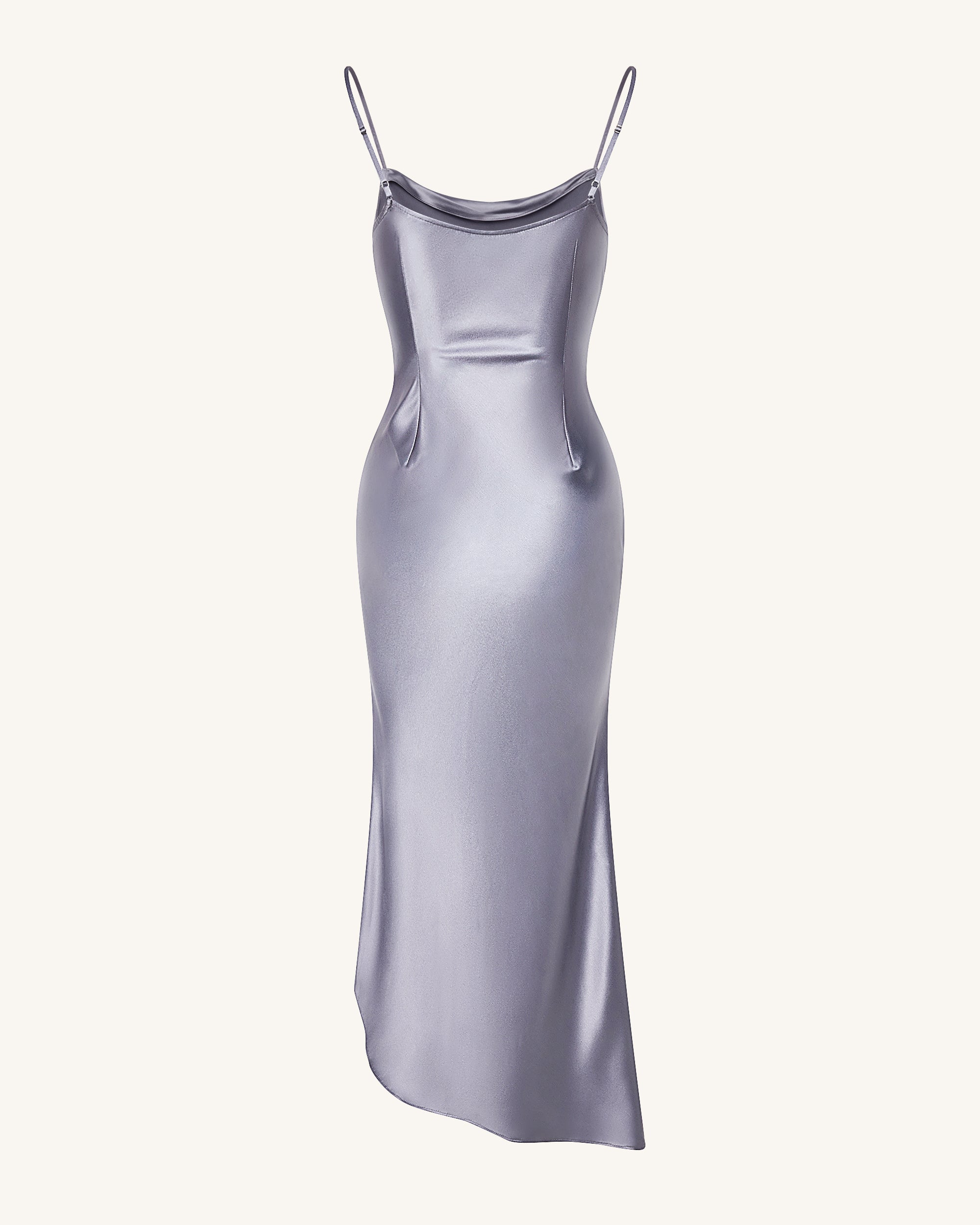 Liquid Satin Cowl-Slit Gown - Silver - Image 5