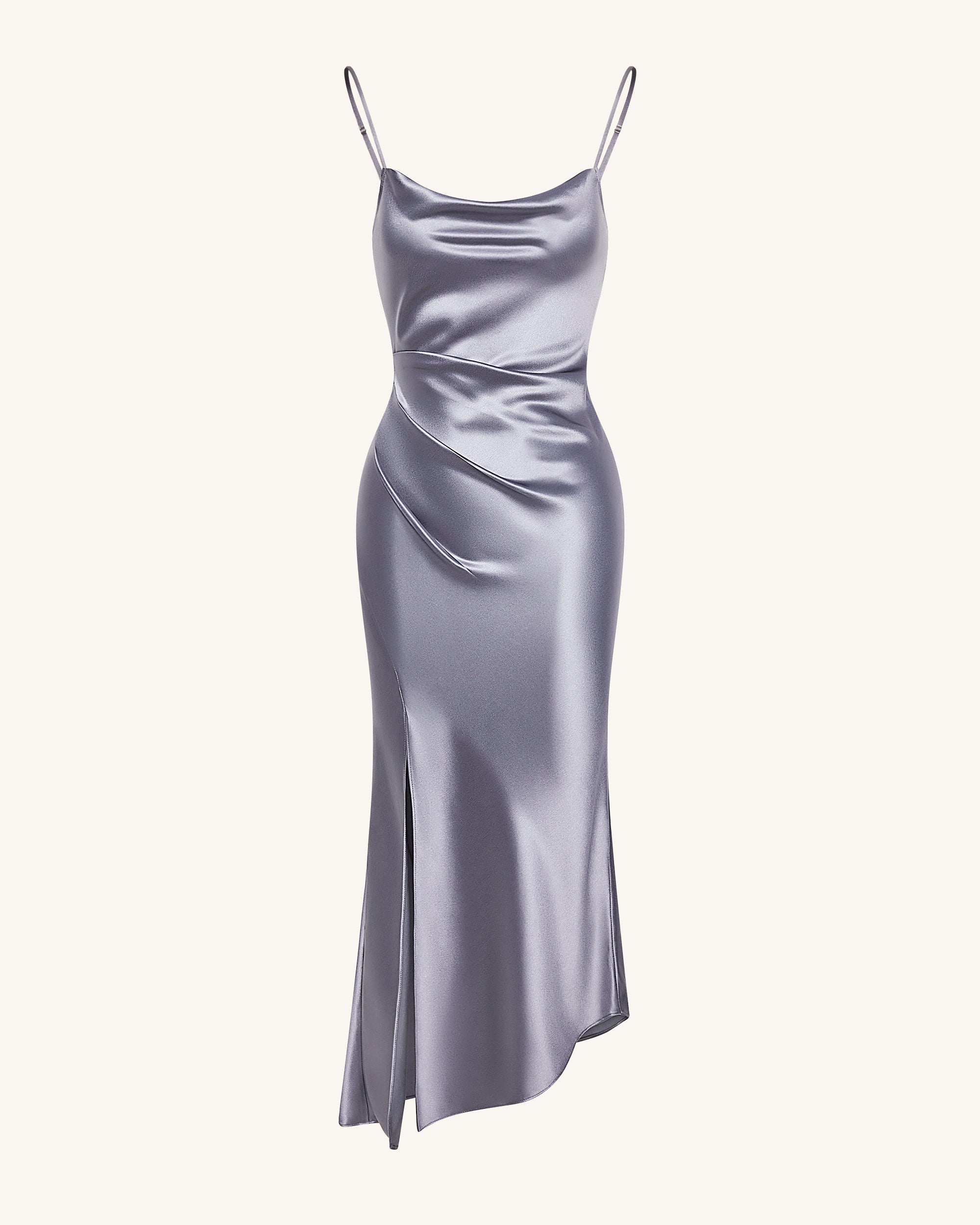 Liquid Satin Cowl-Slit Gown - Silver - Image 3
