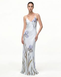 Iris Motif Satin Slip Gown - Light Blue