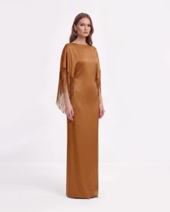 Alternative view of Fringe Cape Satin Maxi Dress - Caramel Brown
