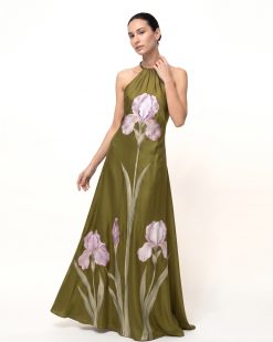 Iris Floral Print Halter Maxi Dress - Moss