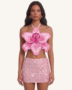 3D Lily Halter Crop Top - Pink