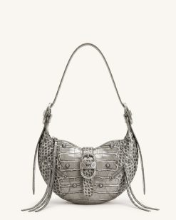 Tessa Studded Shoulder Bag - Cement Grey Croc