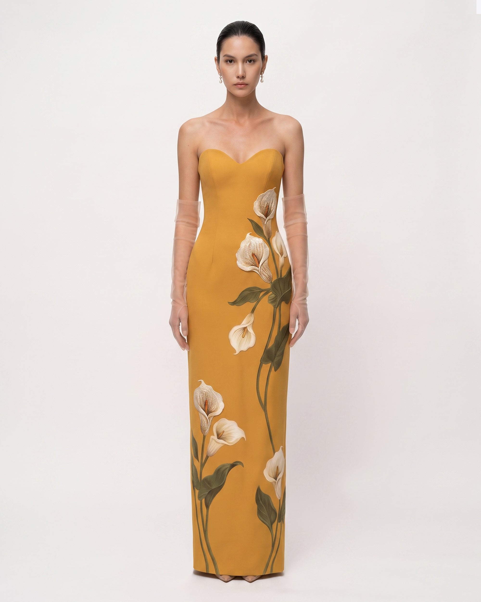 Calla Lily Sweetheart Neck Column Maxi Dress - Golden Yellow
